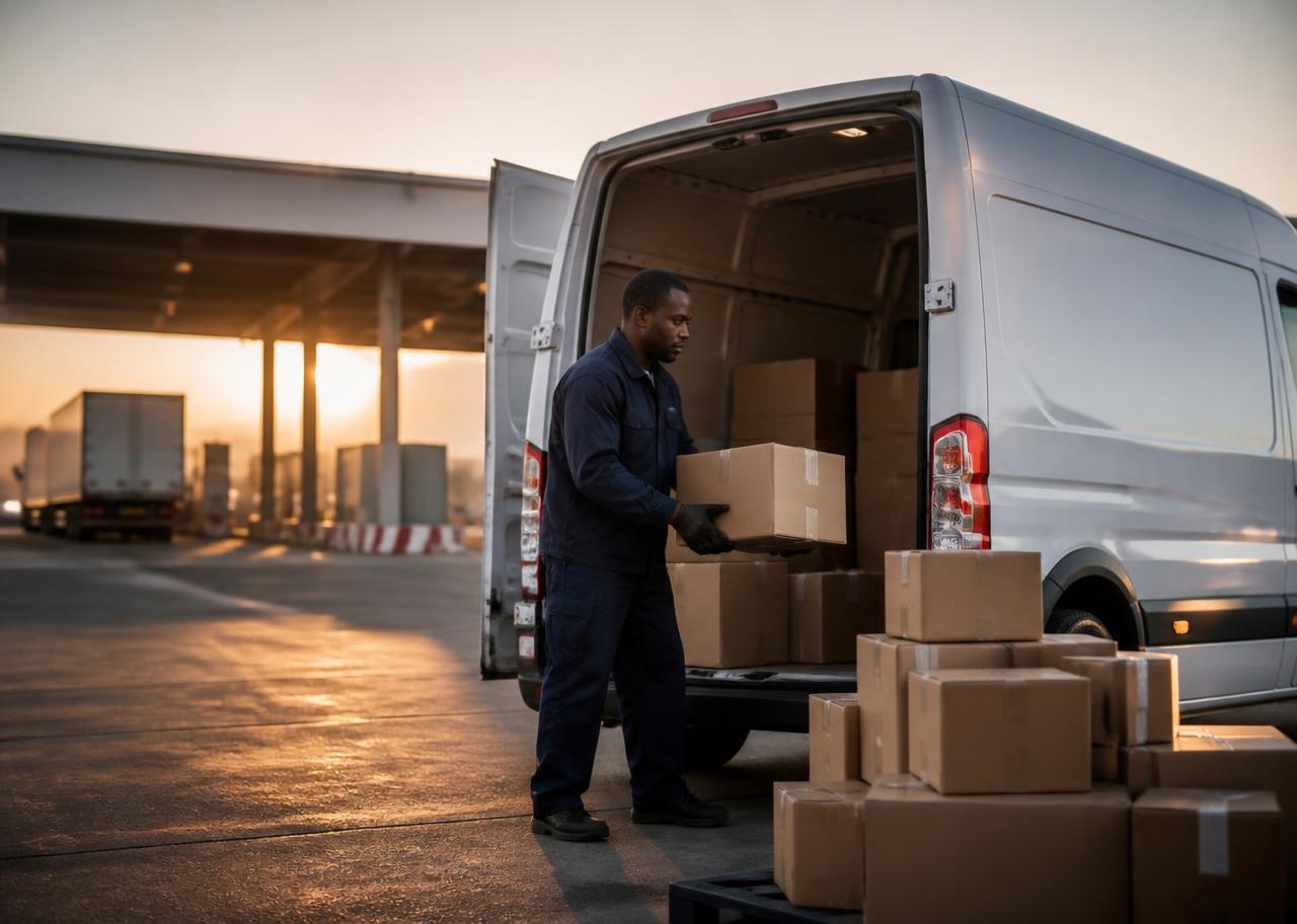 Courier loading parcels into a delivery van at a South Africa to Botswana cross-border depot