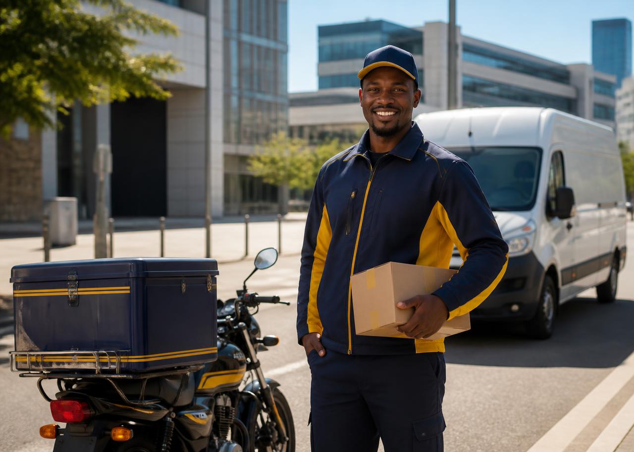 Smiling Botswana courier in uniform beside a delivery motorbike and delivery van