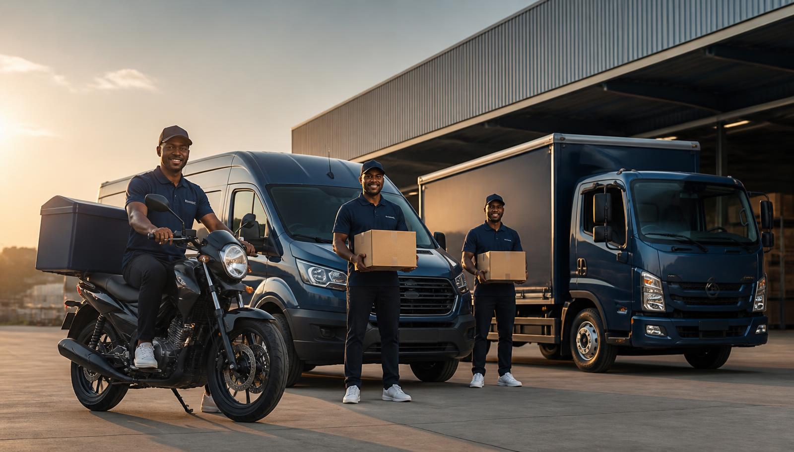 Stratix Logistix delivery motorbike, van and truck with couriers in uniform holding parcels